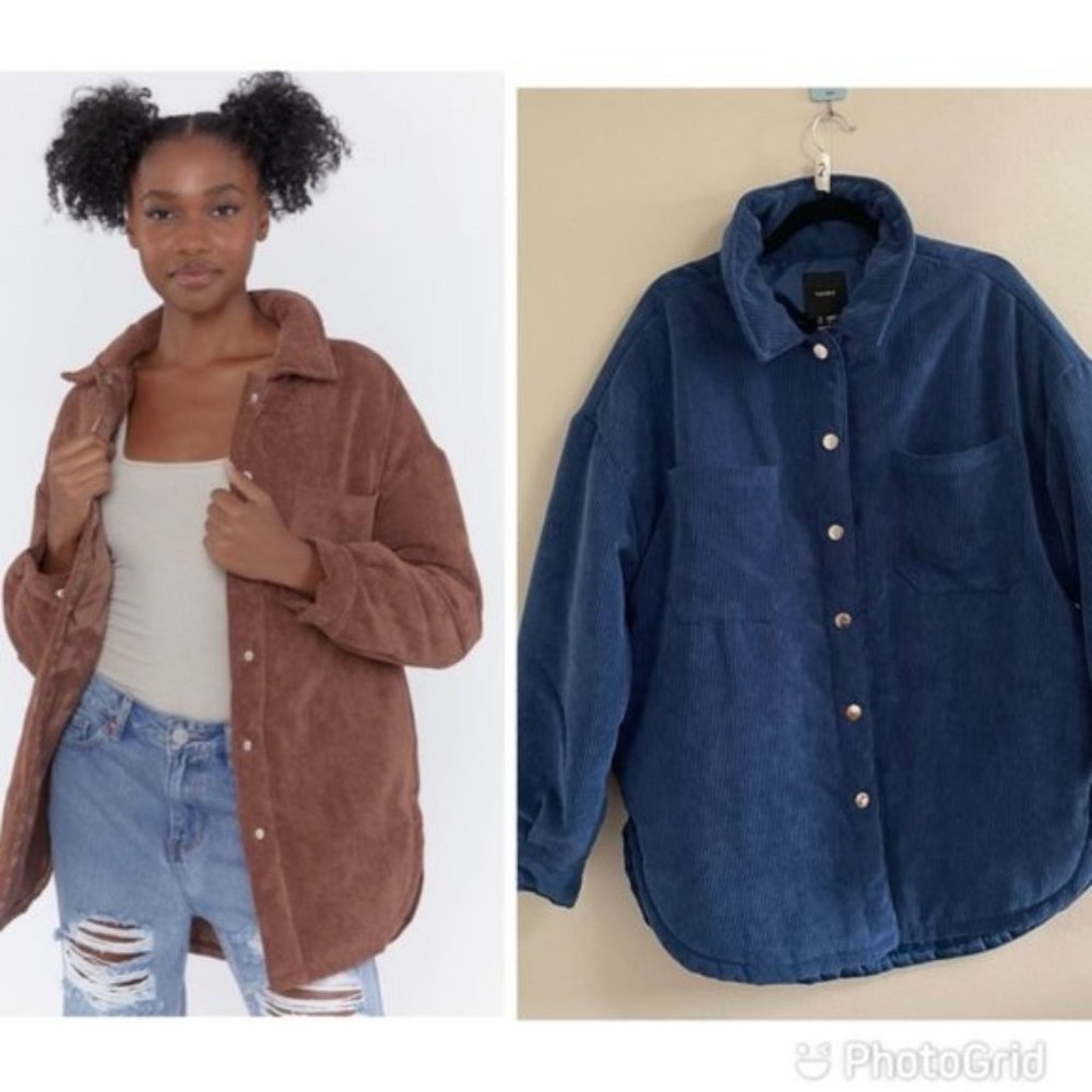 Forever 21 women’s corduroy padded jacket button up shacket blue size xl